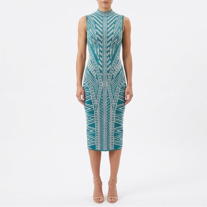 Marciano For Guess Bodycon Midi Dress Womens XS Teal Beige Mock Neck Back Zip