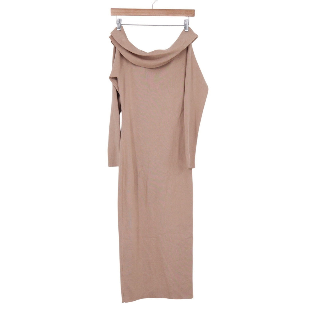 Tan Off the Shoulder Long Sleeve Ribbed Knit Midi Dress Viscose Blend
