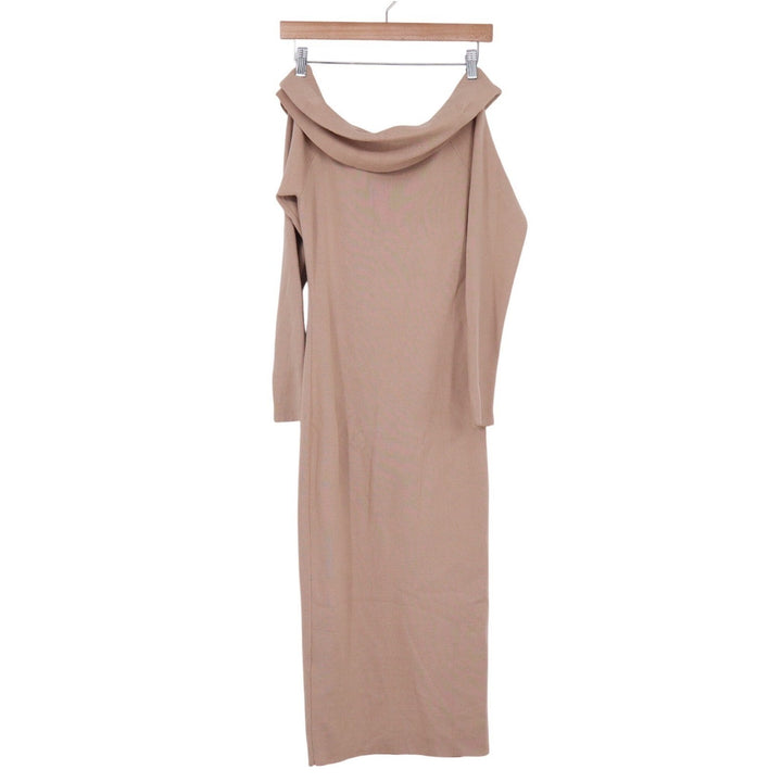Tan Off the Shoulder Long Sleeve Ribbed Knit Midi Dress Viscose Blend