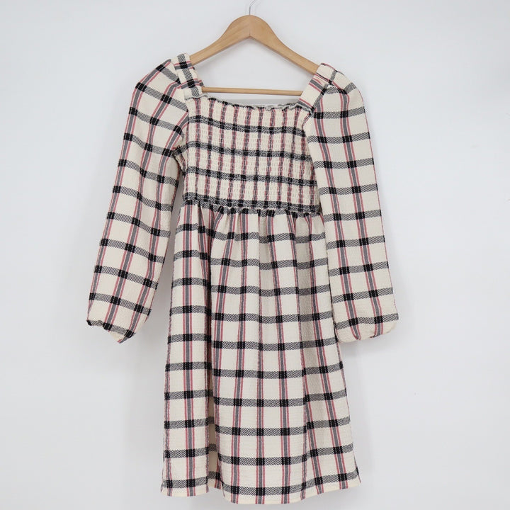 Wonder Nation Girls Plaid Smocked Long Sleeve Dress Cream Black Red L 10-12
