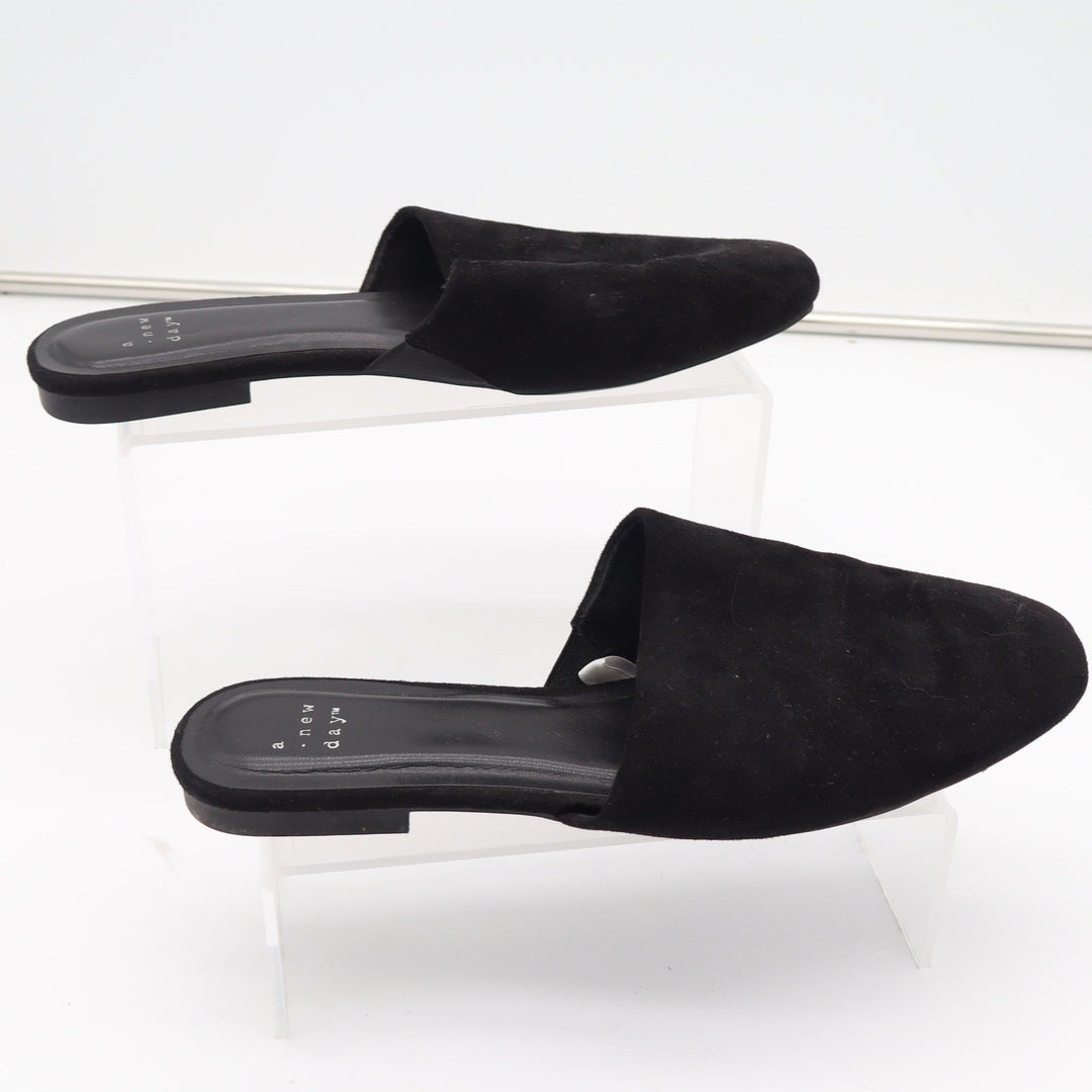 A New Day Womens Black Faux Suede Almond Toe Mules Flats Size 10 Slip On Shoes