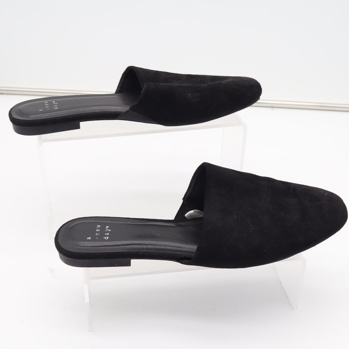 A New Day Womens Black Faux Suede Almond Toe Mules Flats Size 10 Slip On Shoes