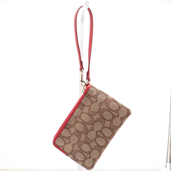 Coach Small Wristlet Signature Canvas Khaki Red Leather F58035 Gold Hardware