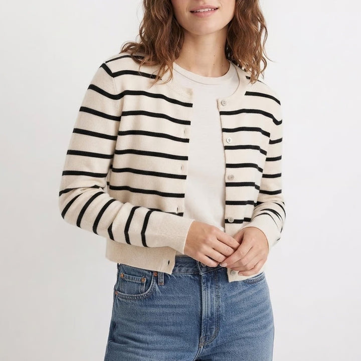 A New Day Womens Striped Button Front Cardigan Sweater Cream Black Size M