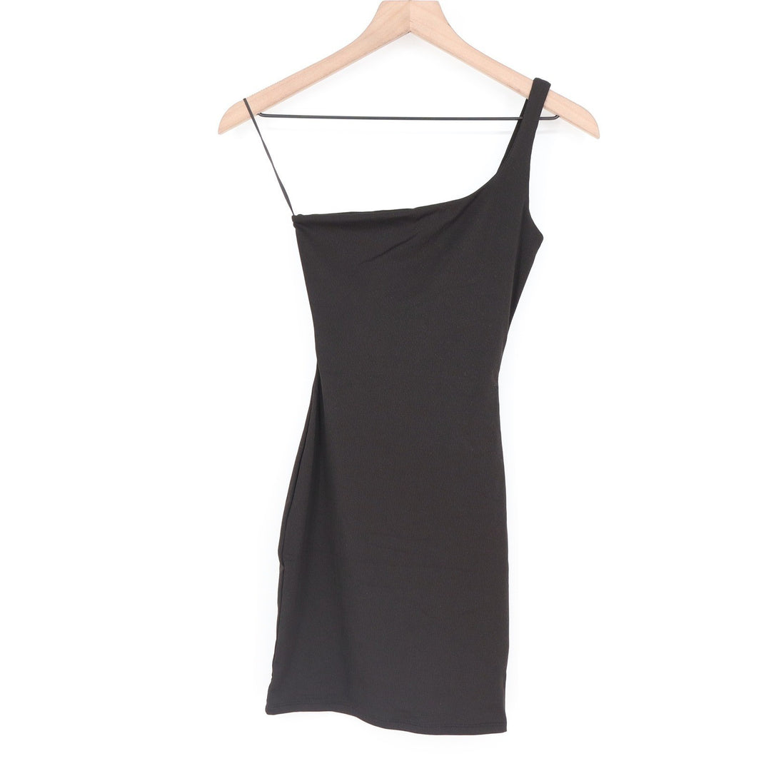 Naked Wardrobe Black Ribbed One Shoulder Mini Bodycon Dress Medium