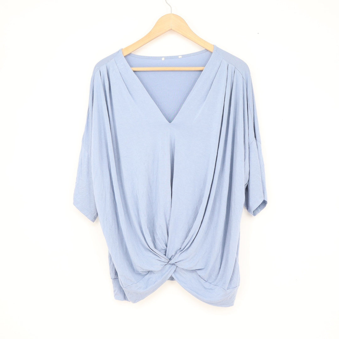 Light Blue V-Neck Twist Front Knot Relaxed Fit Blouse Top Size M