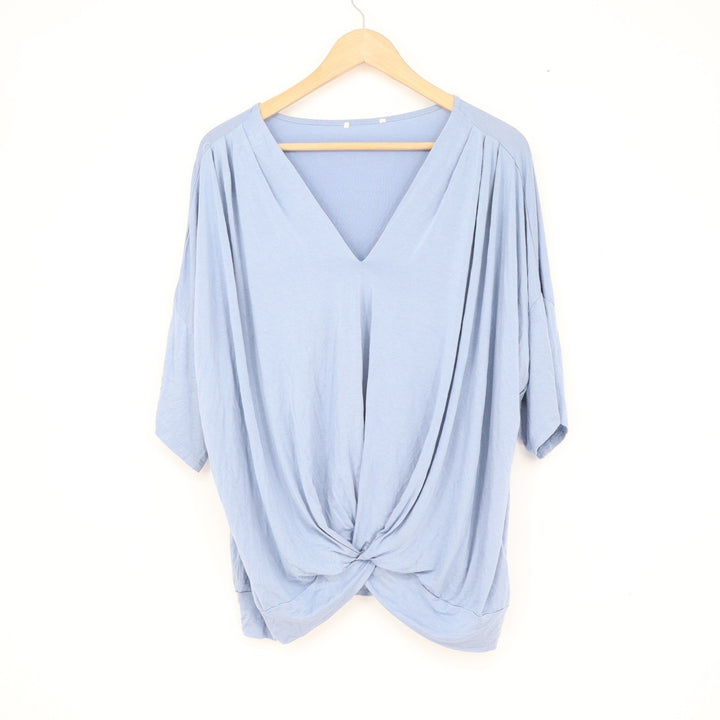 Light Blue V-Neck Twist Front Knot Relaxed Fit Blouse Top Size M