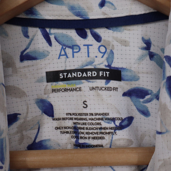 Apt 9 Mens Small Short Sleeve Button Down Shirt Blue Leaf Print Premier Flex S