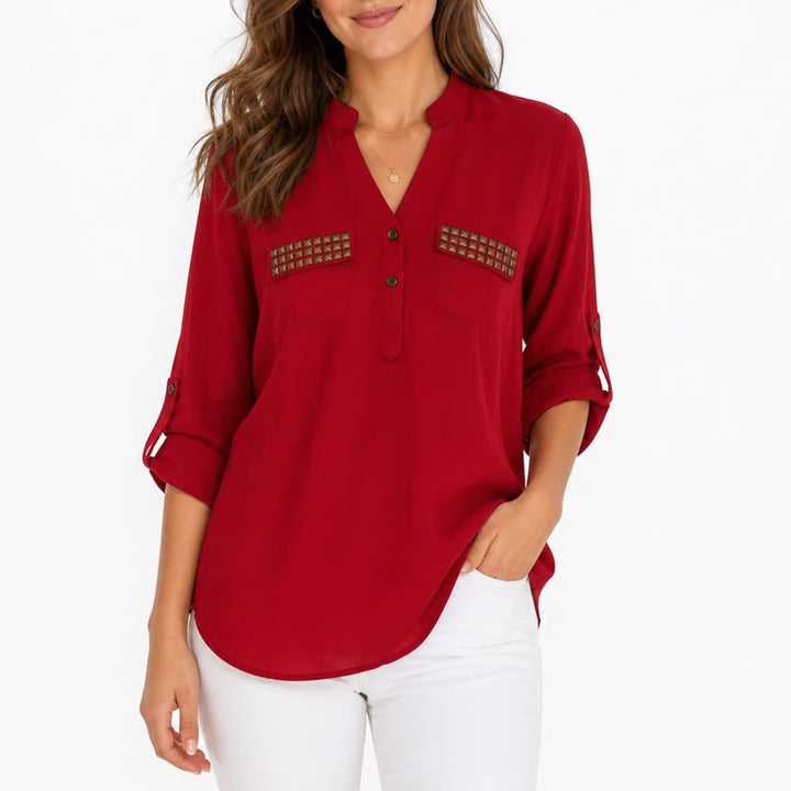Charlotte Russe Red Studded Pocket Roll Tab Sleeve Blouse Henley Top Medium
