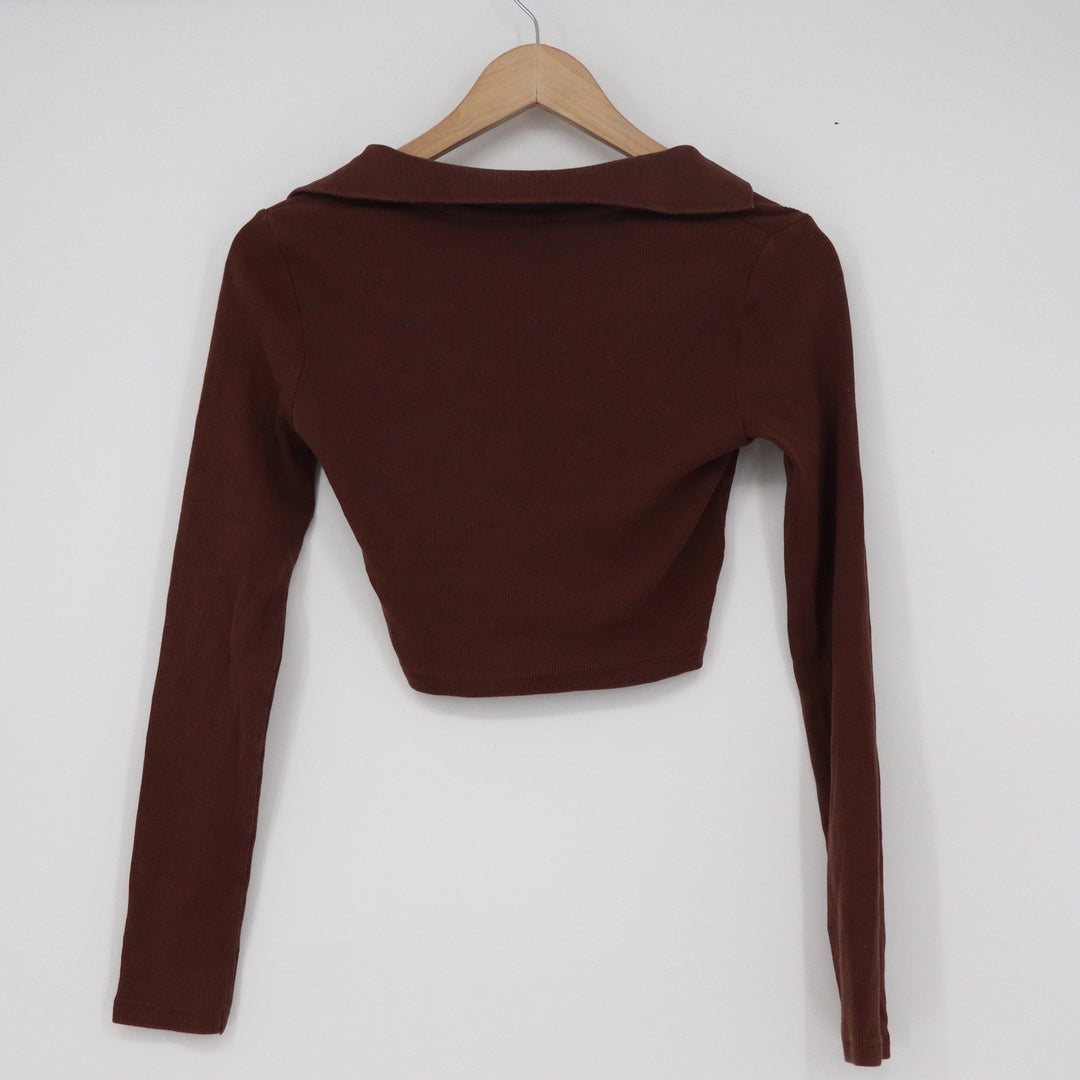 Zara Brown Ribbed Polo Neck Long Sleeve Crop Top V-Neck Size M 10533