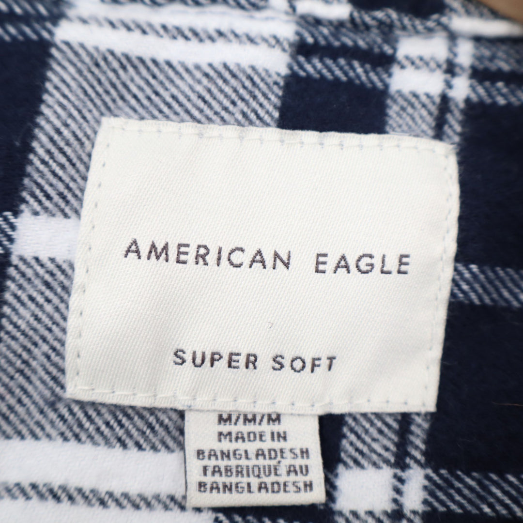 American Eagle Outfitters Flannel Shirt Mens Medium Blue White Cotton Hooded