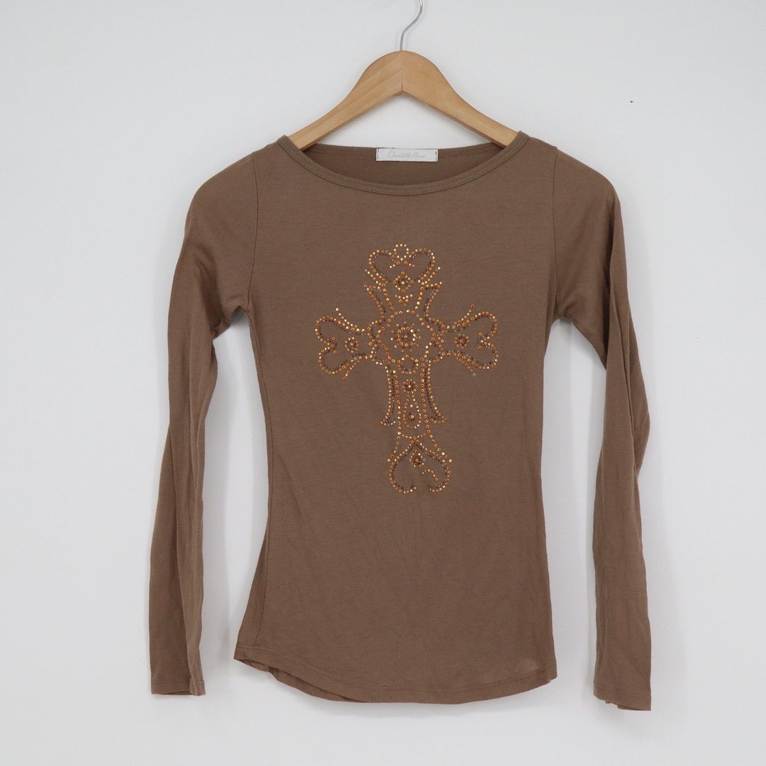 Charlotte Russe Brown Rhinestone Cross Long Sleeve Top Y2K Small