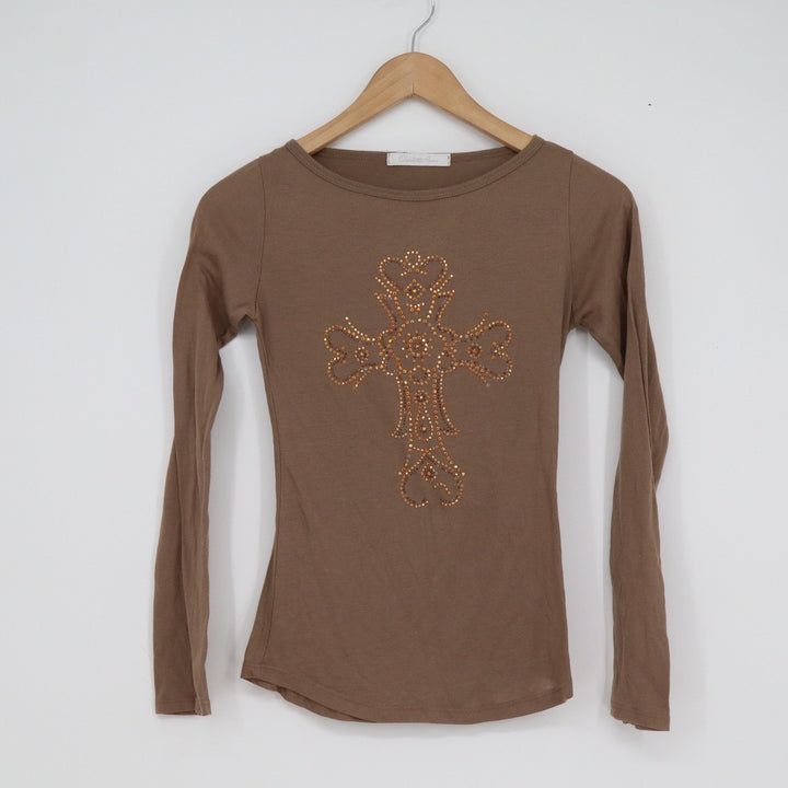 Charlotte Russe Brown Rhinestone Cross Long Sleeve Top Y2K Small