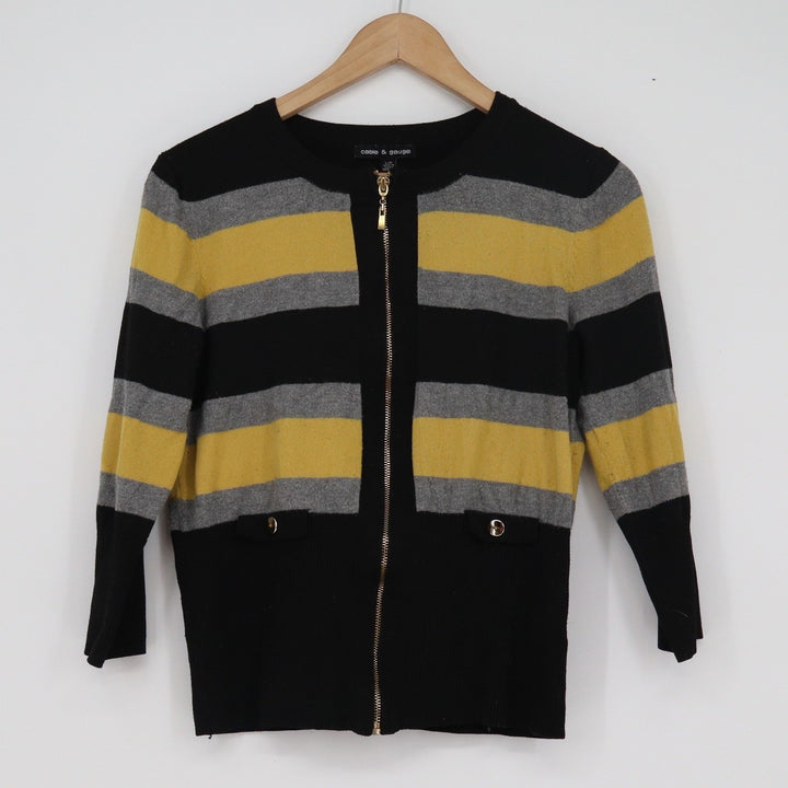Cable & Gauge Womens Large Full Zip Striped Cardigan Black Yellow Gray 3/4