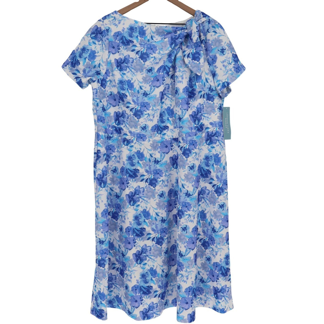 London Times Woman Blue Floral Bow Neck Midi Dress Size 18W NEW