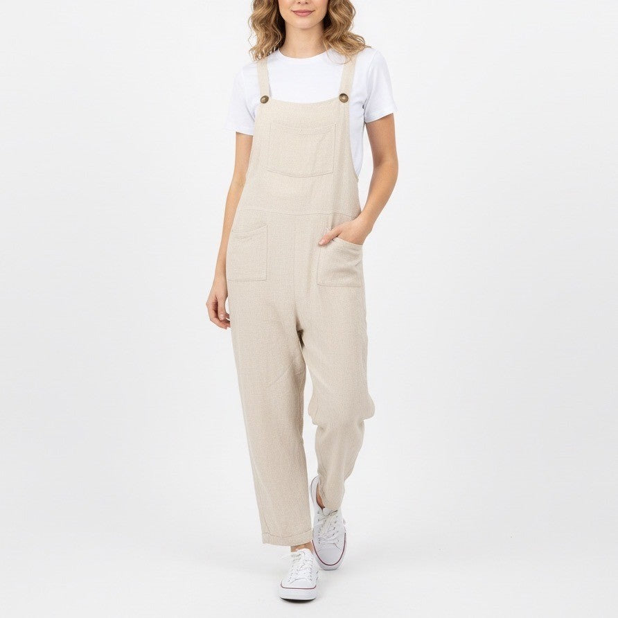 Umgee USA Linen Blend Overalls Jumpsuit Beige Tan Cropped Pants Size L