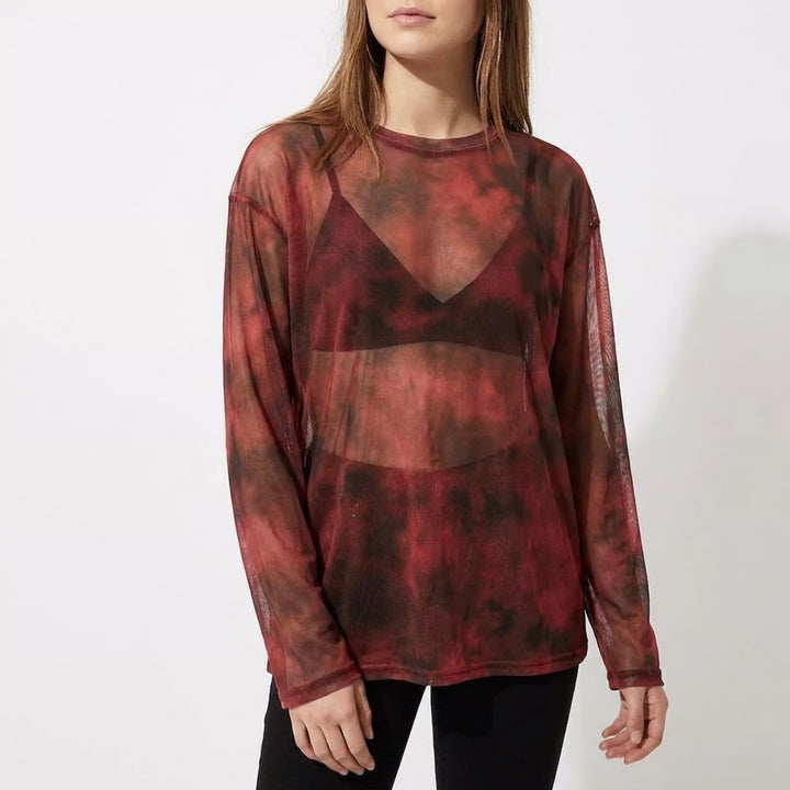 Mesh Shirt Medium Red Black Tie Dye Sheer Long Sleeve Crew Neck Pullover