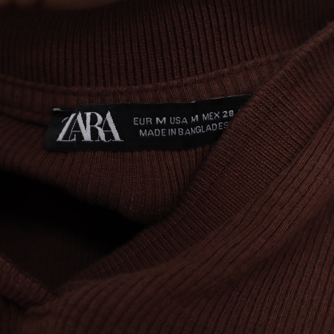 Zara Brown Ribbed Polo Neck Long Sleeve Crop Top V-Neck Size M 10533