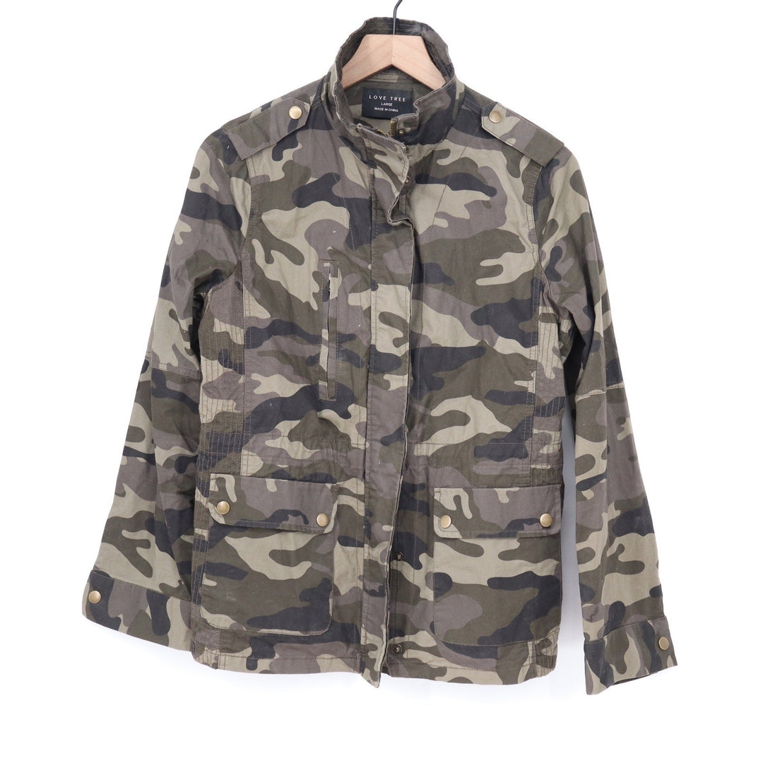 Love Tree Camo Utility Jacket Womens Large Green Military Field Coat