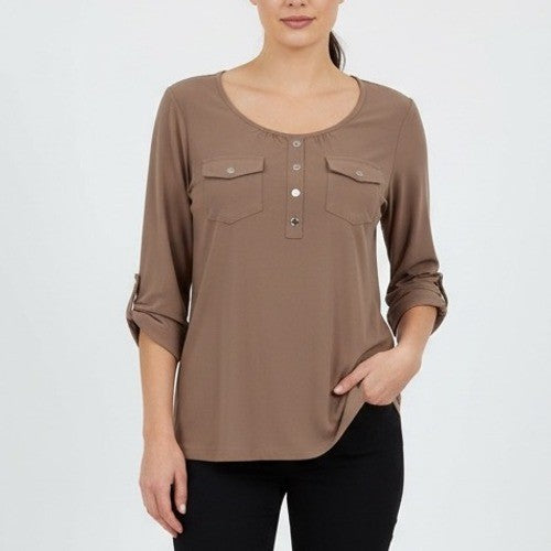 Perception Concept Women's Brown Button Pocket Roll Tab Sleeve Tunic Top Size L