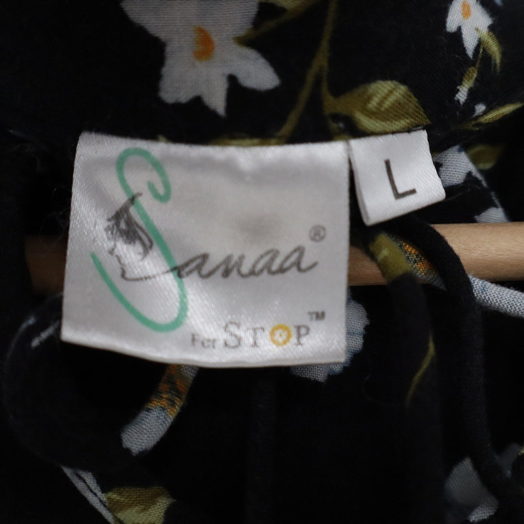 Sanaa For Stop Black Floral Pleated Split Neck 3/4 Sleeve Blouse Large