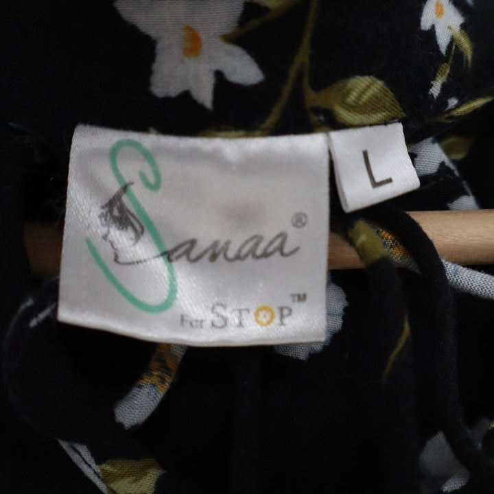 Sanaa For Stop Black Floral Pleated Split Neck 3/4 Sleeve Blouse Large