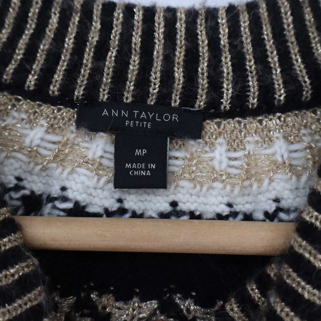 Ann Taylor Petite Black Gold Fair Isle Metallic Knit Sweater Dress MP