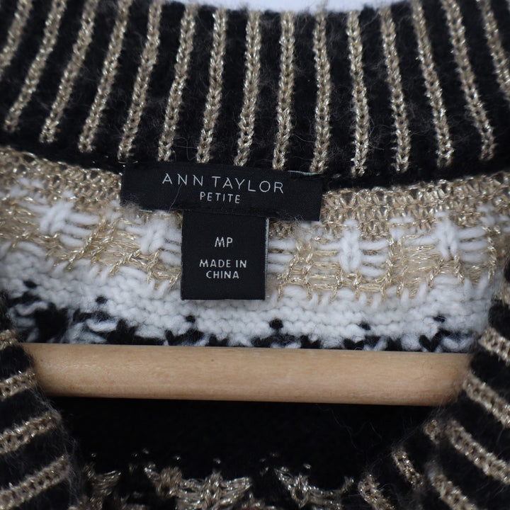 Ann Taylor Petite Black Gold Fair Isle Metallic Knit Sweater Dress MP