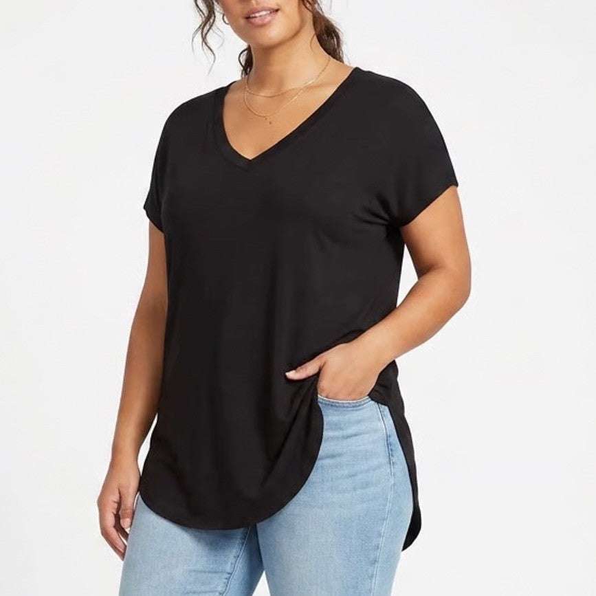 Old Navy Luxe Womens Large Black V-Neck Short Sleeve Curved Hem Tunic Tee Shirt