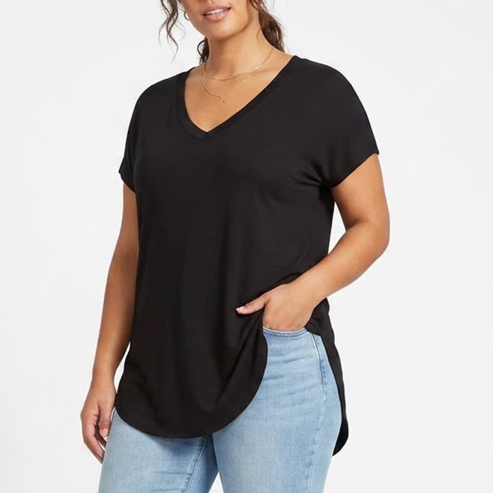 Old Navy Luxe Womens Large Black V-Neck Short Sleeve Curved Hem Tunic Tee Shirt