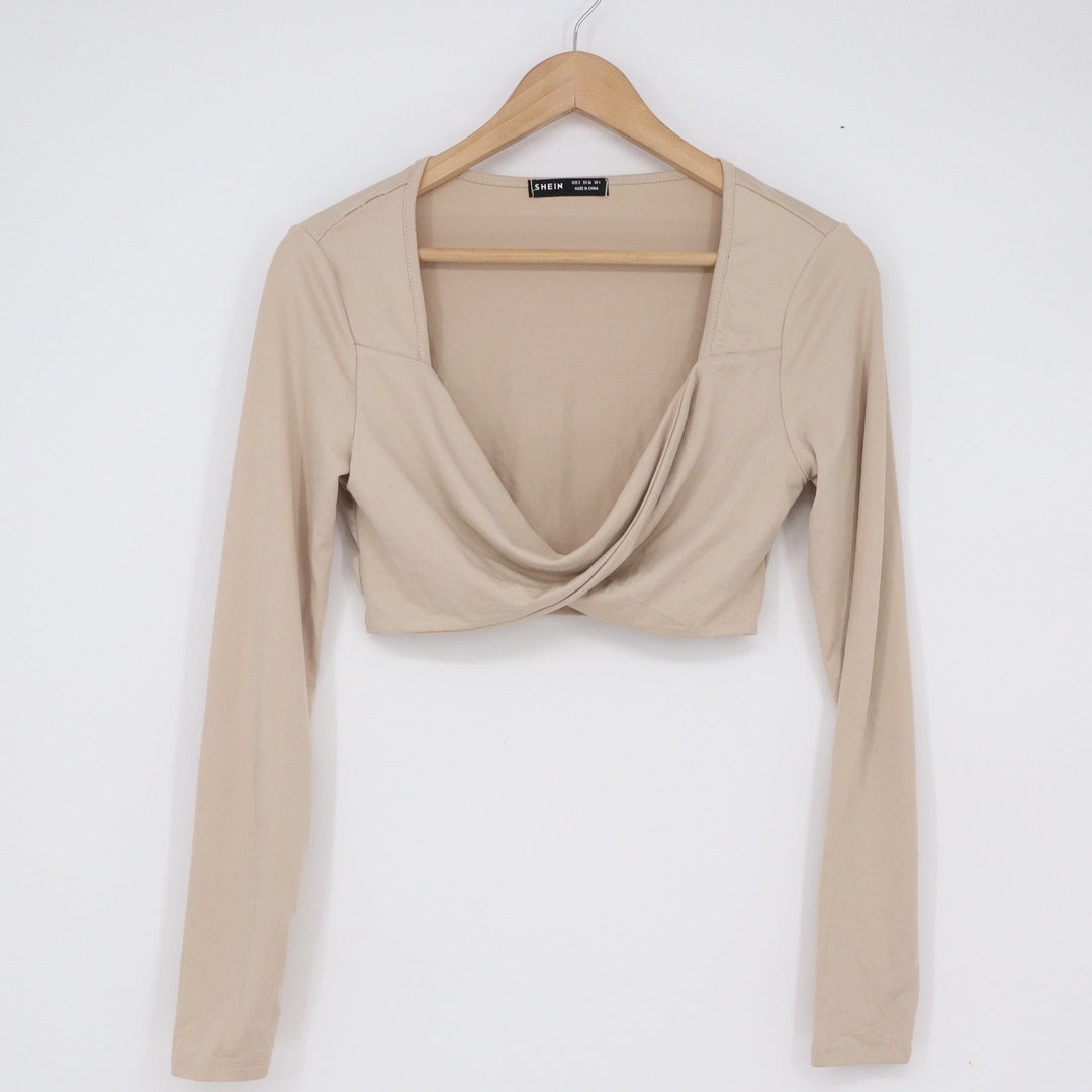 SHEIN Beige Twisted Front Long Sleeve Crop Top Sweetheart Neck Slim Fit Small