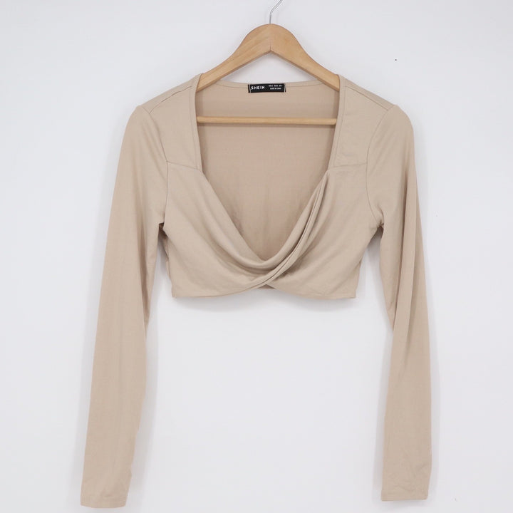 SHEIN Beige Twisted Front Long Sleeve Crop Top Sweetheart Neck Slim Fit Small