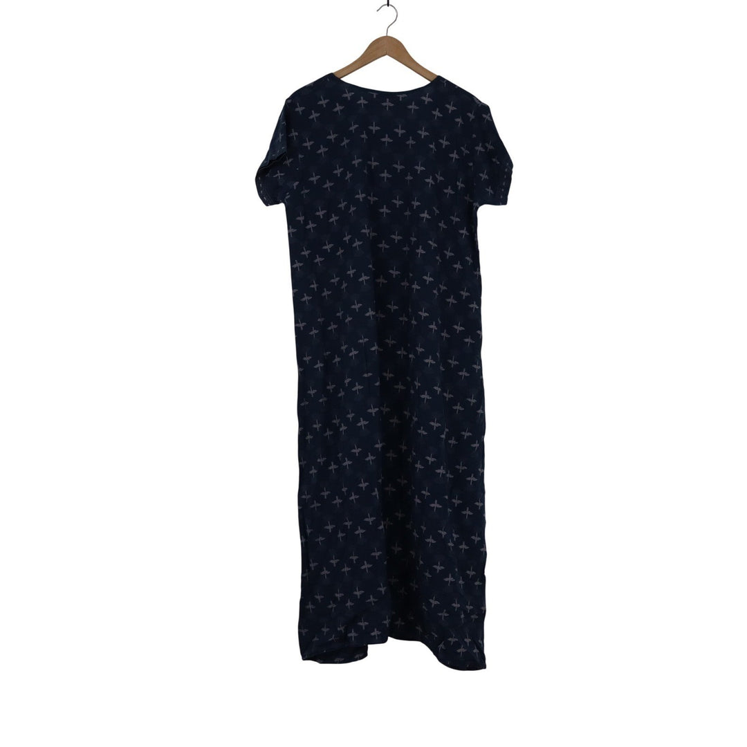 Bamboo Tree Navy Blue Dragonfly Print Split Neck Midi Shift Dress Womens Large