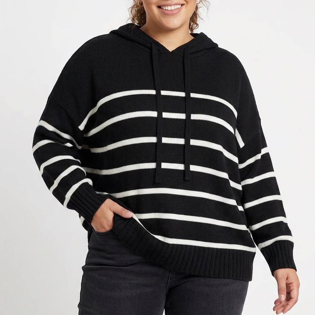 Lane Bryant Black White Striped Knit Hoodie Sweater Plus Size 22/24 Long Sleeve