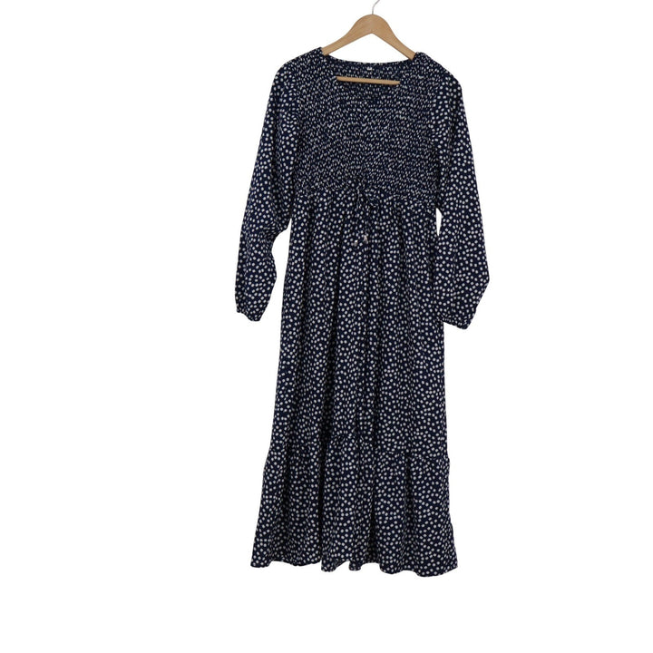 Navy Blue Floral Ditsy Smocked Midi Dress Long Sleeve Tiered Boho Medium