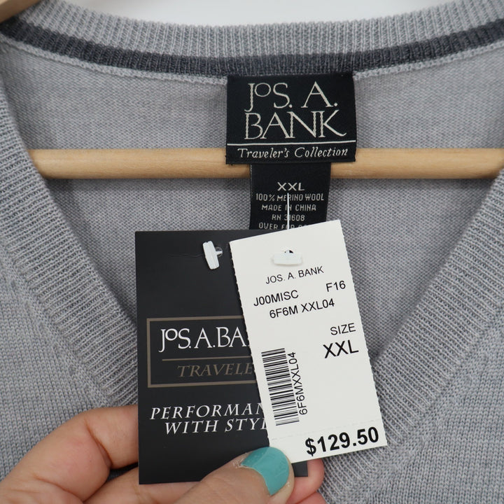 JOS. A. BANK Sweater Men 2XL Heather Gray Wool Rib Tight Knit V-Neck Long Sleeve