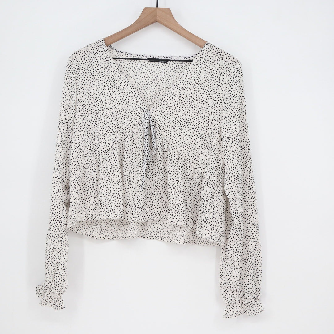SHEIN White Polka Dot Tie Front Peplum Long Sleeve Blouse Top Large