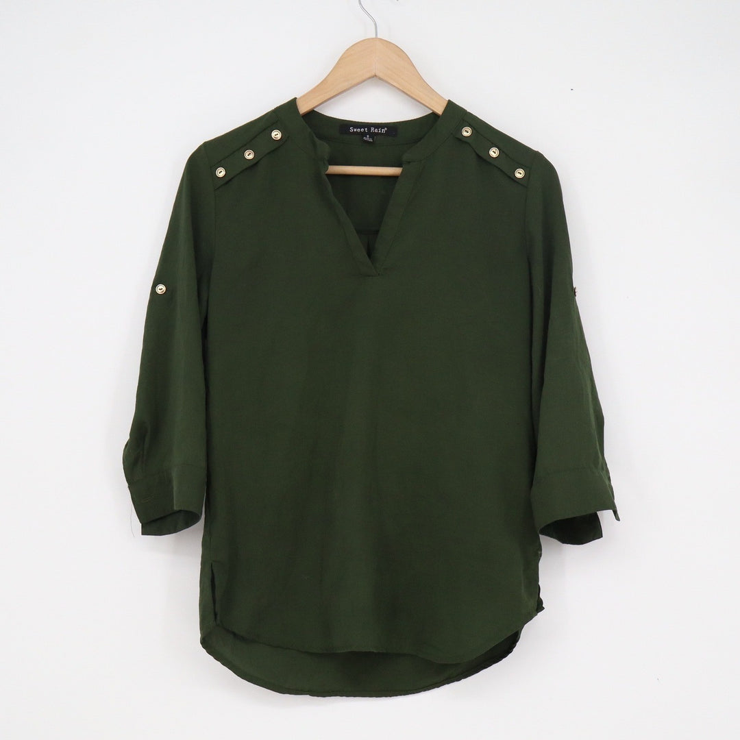 Sweet Rain Womens Forest Green 3/4 Roll Tab Sleeve V-Neck Blouse T93471 Small