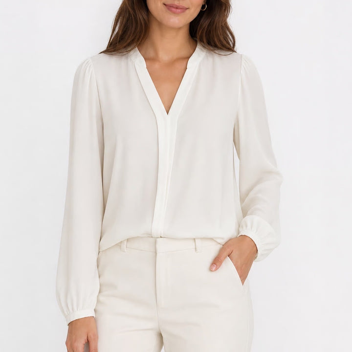 White Split V-Neck Long Sleeve Puff Shoulder Blouse Size M Made in Romania