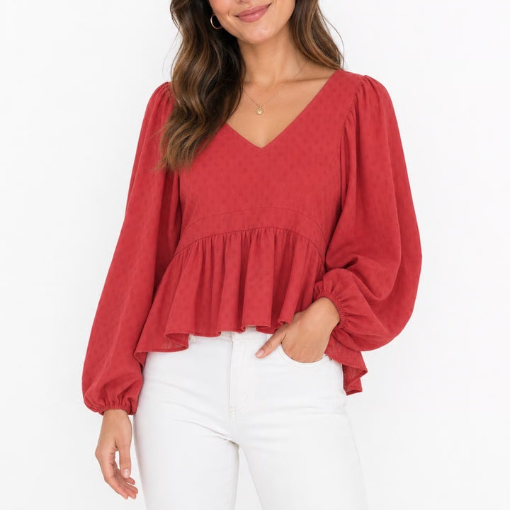 SHEIN Rust Red Diamond Textured V-Neck Bishop Sleeve Peplum Blouse Top Size L