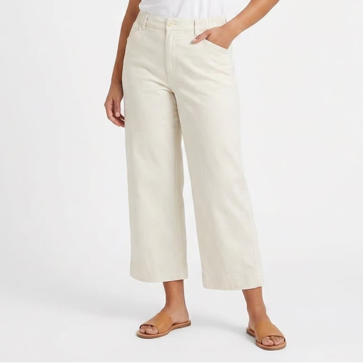 Loft Outlet Cropped Pants Womens Medium Beige Cotton Stretch Mid Rise Wide Leg