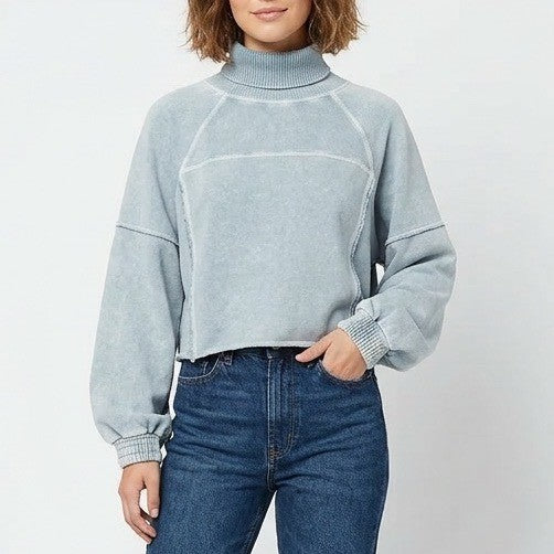 Aerie Cropped Sweater Womens Small Blue Knit Cotton Turtleneck Raglan Sleeve