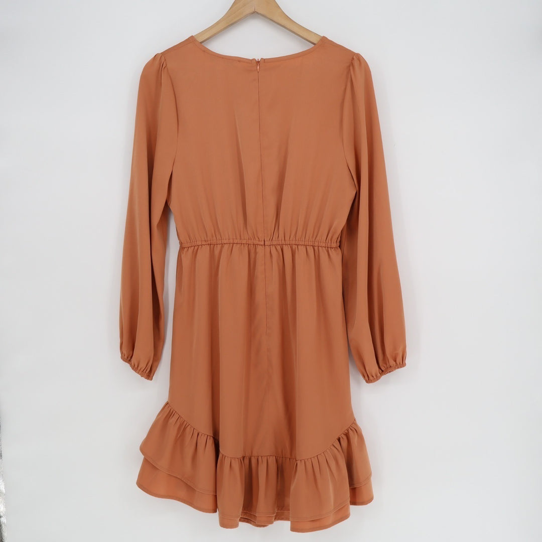 Davi&Dani Mini Dress Womens L Orange Pleated Ruffle Hem Long Sleeve Round Neck