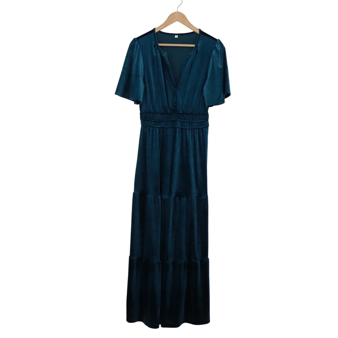 Teal Blue Velvet Maxi Dress V-Neck Smocked Waist Tiered Flutter Sleeve Small