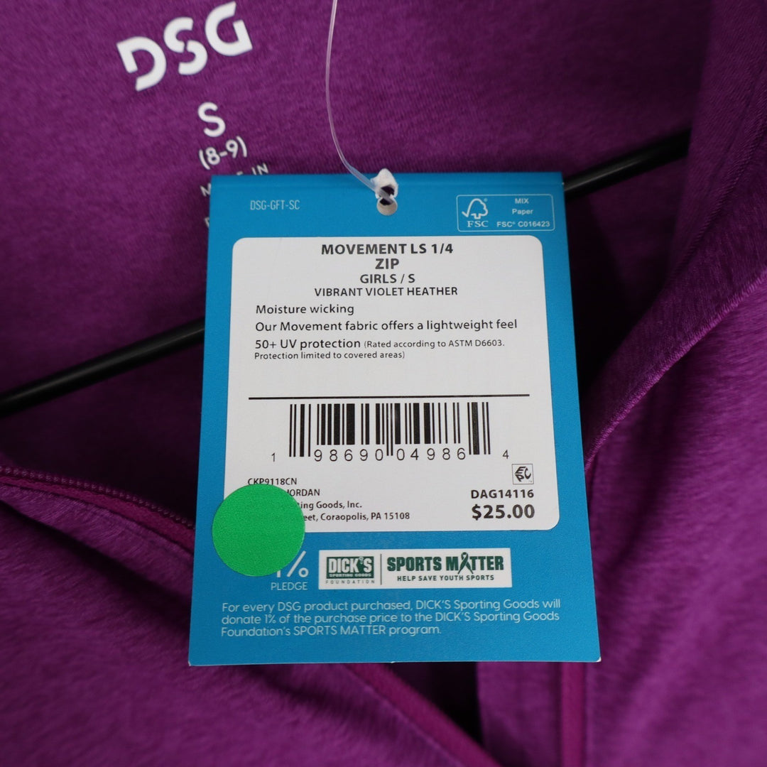 DSG Girls Movement LS 1/4 Zip Pullover Vibrant Violet Heather Size S 8-9
