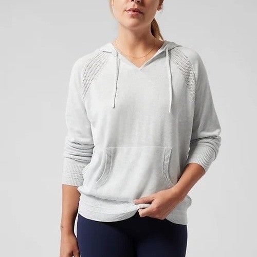 Athleta Evergreen Sweater Hoodie Womens Medium Gray High Low Hem Raglan Sleeve