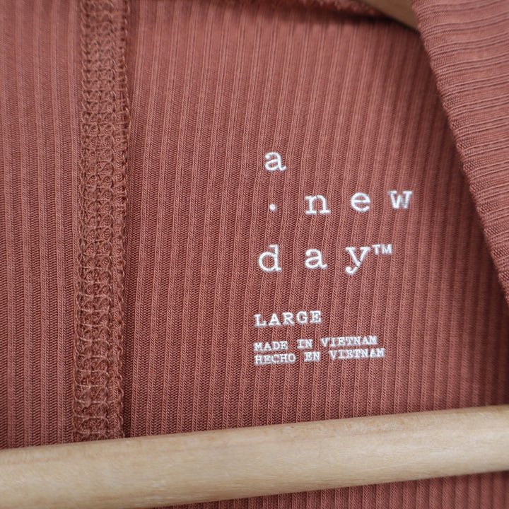 A New Day Womens Ribbed Mock Neck Elbow Sleeve Top Terracotta Rust Large