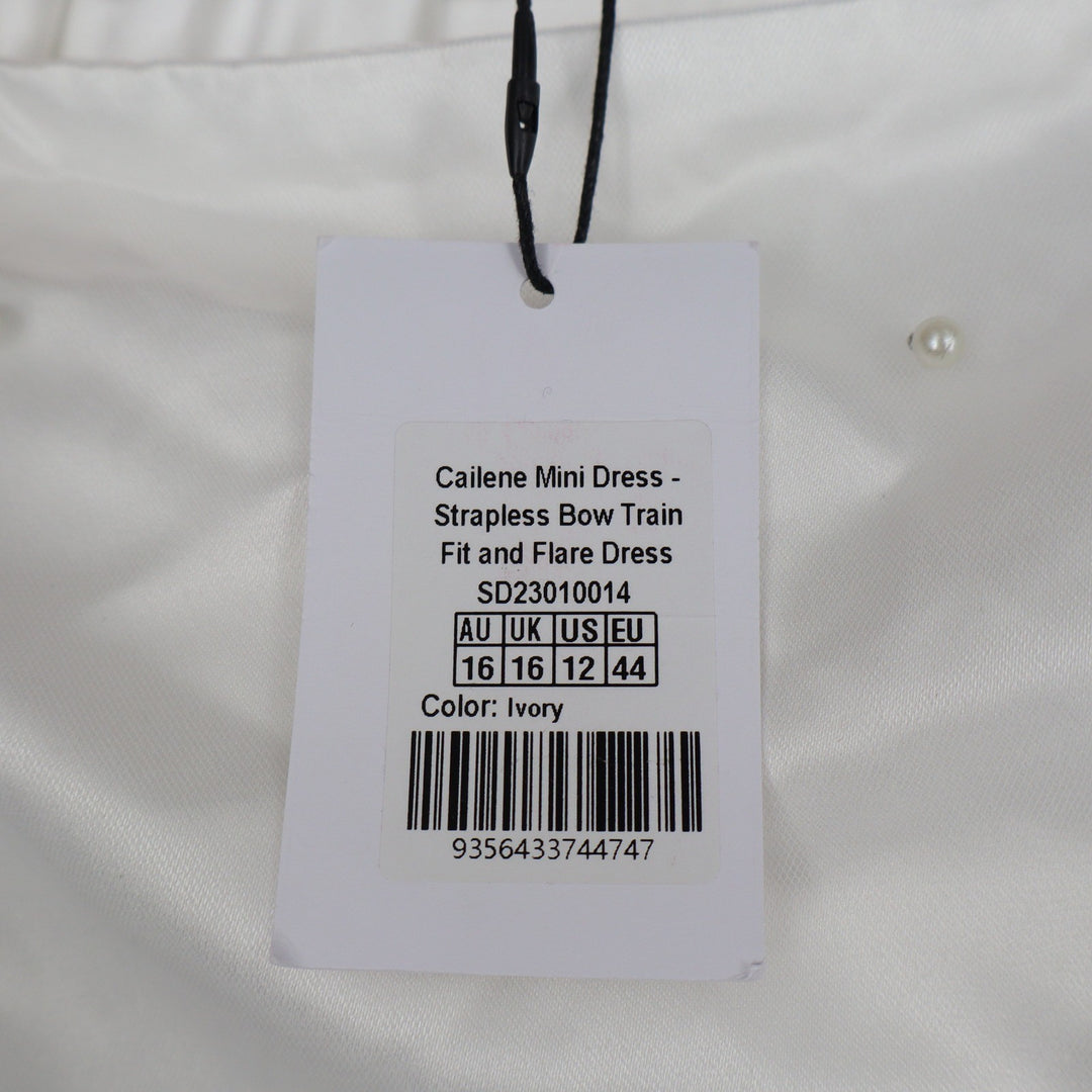 Showpo Cailene Ivory Strapless Pearl Mini Dress with Bow Train Size 12