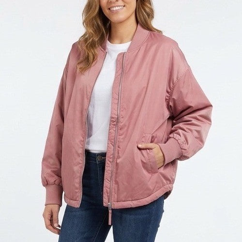 A New Day Bomber Jacket Womens Large Blush Pink Full Zip Ribbed Long Sleeve