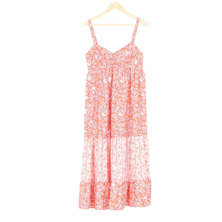 Land of the Free Coral Floral Tiered Midi Dress Smocked Back Size M